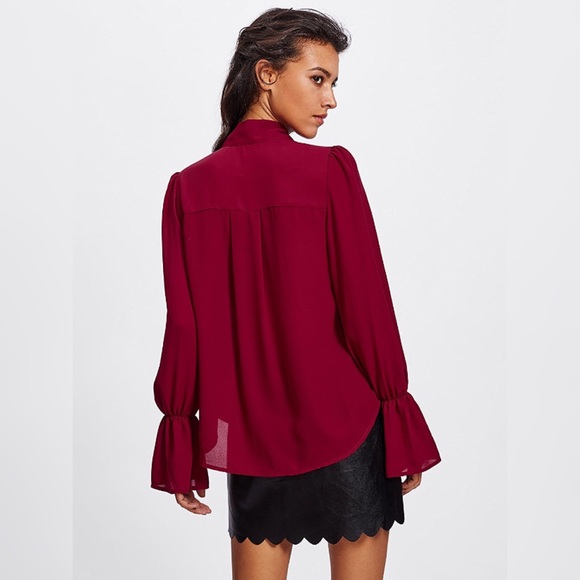 Bell Sleeve Pussy Bow Chiffon Button Front Blouse - Picture 2 of 5